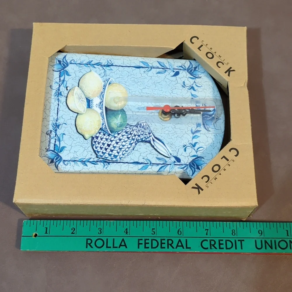 Kym Garraway Clock Ceramic Blue Morning Rabbit With Lemons Lime Flowers New